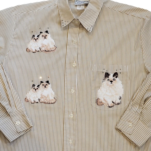 Vtg Cat Lady Button Up Shirt Sm Striped‎ Beige Balinese Ragdoll Bling Donna USA - Picture 1 of 11